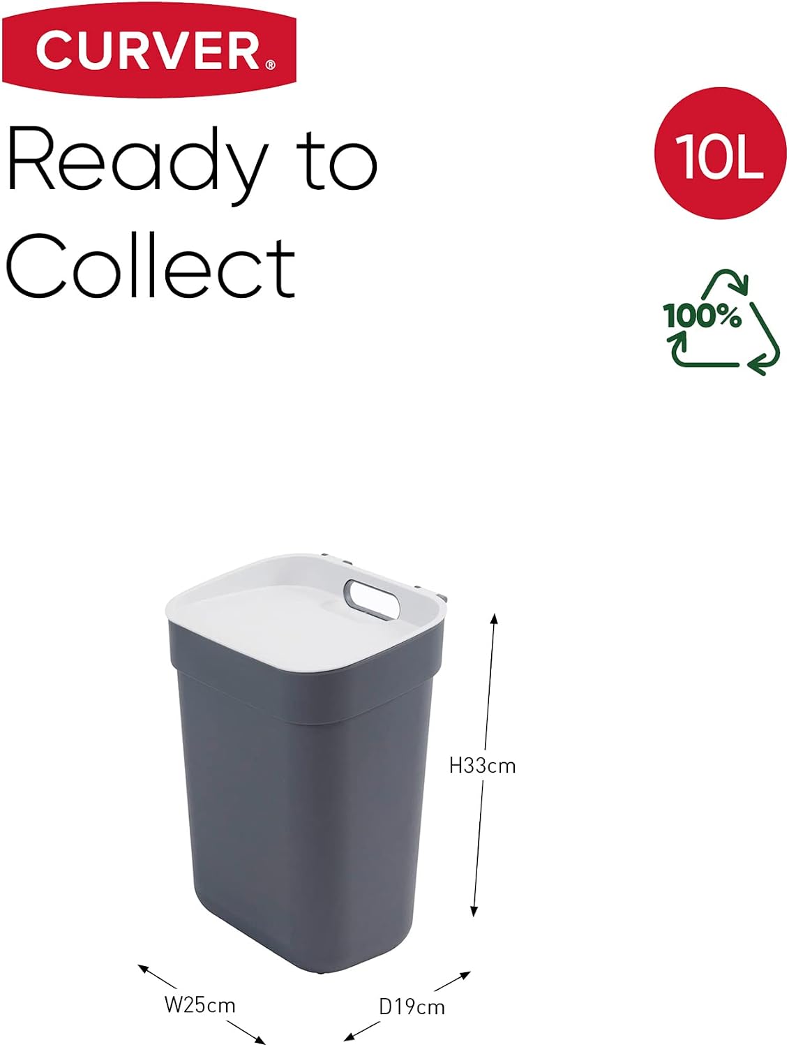 Curver Ready to Collect 100% Recycled 10L Kitchen Accessories Recycling Lift Top Bin Dark Grey Light Grey Lid