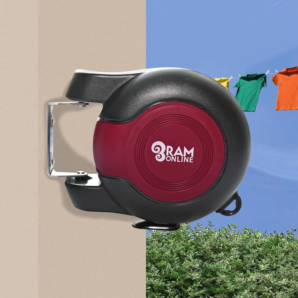 Ram® 30 metre Retractable Reel Clothes Lines Washing Line with Twin Cable - Wall Mounted Heavy Duty Clothes Dryer 2 x 15m Lines of Drying Space, Burgundy
