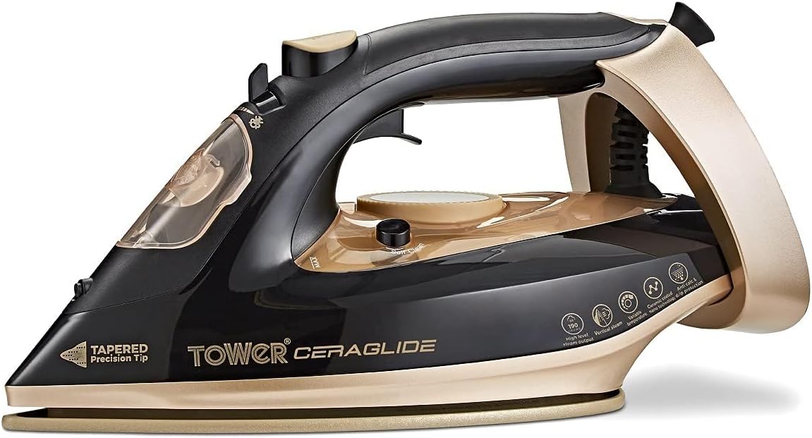 Tower Steam Iron 3100W, Extra-Long 3m Cord for Flexible Ironing, Fast Heat-Up, 190g Steam Boost for Fast Crease Removal, Ceramic Soleplate, 360ml Tank, Gold & Black (T22021GLD)