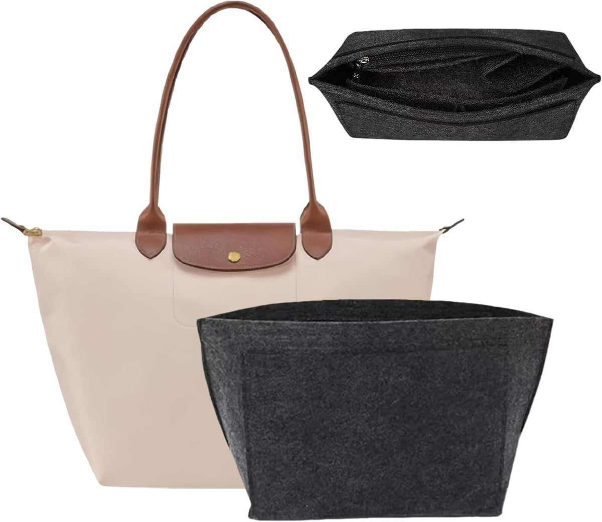 Bag Insert Organizer, Purse Insert Organizer With Zipper,Multi-Pocket Felt Handbag Organizer for Wallet Organize, Folding Tote Bag organize inserts for Longchamp (Dark gray, L)
