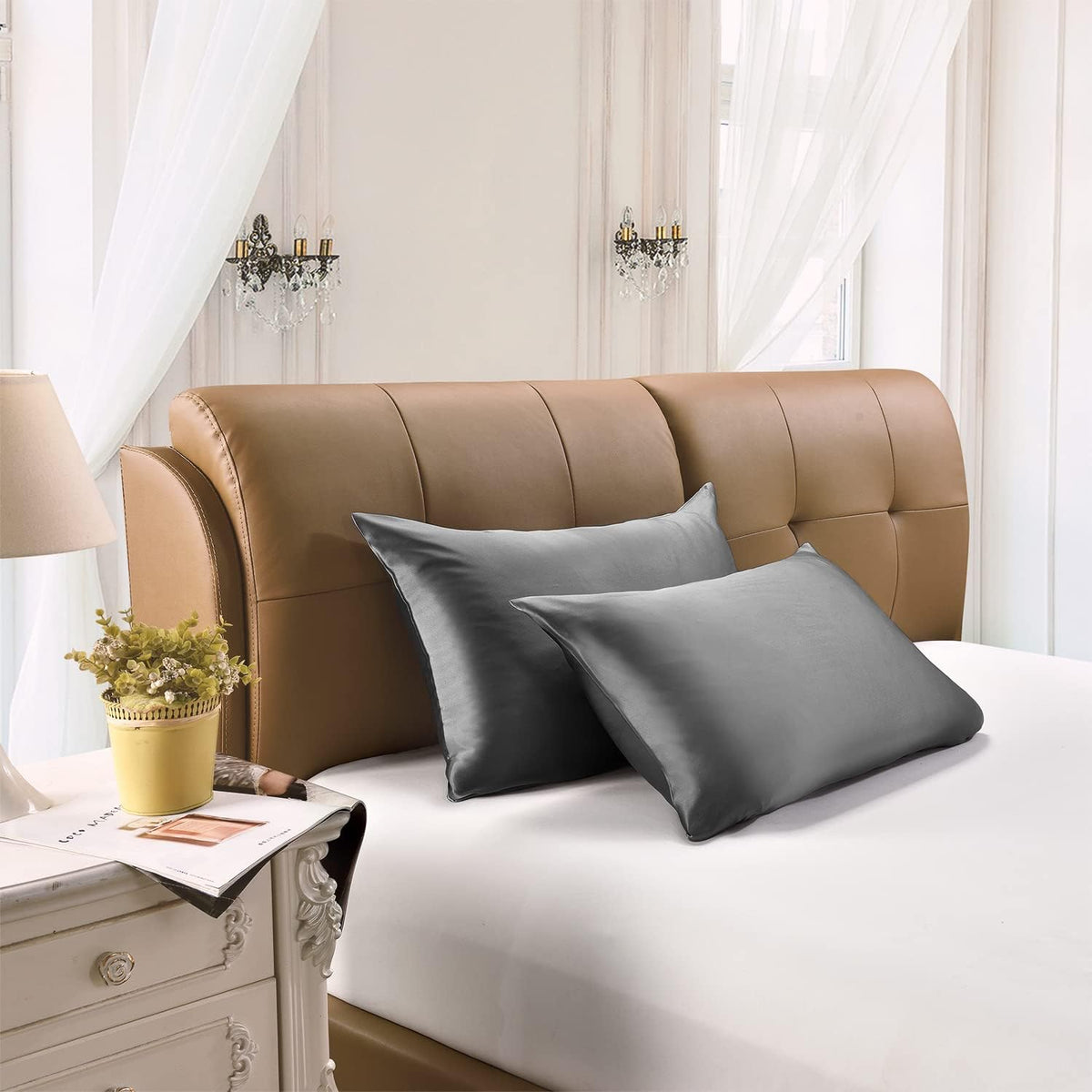 100% Mulberry Silk Pillowcase 25 Momme, Both Sides Silk with Hidden Zipper Slip Silk Pillow Cases 1PC, Housewife Silk Pillow Cover for Hair and Skin, Gift Box(50x90cm, Gray)