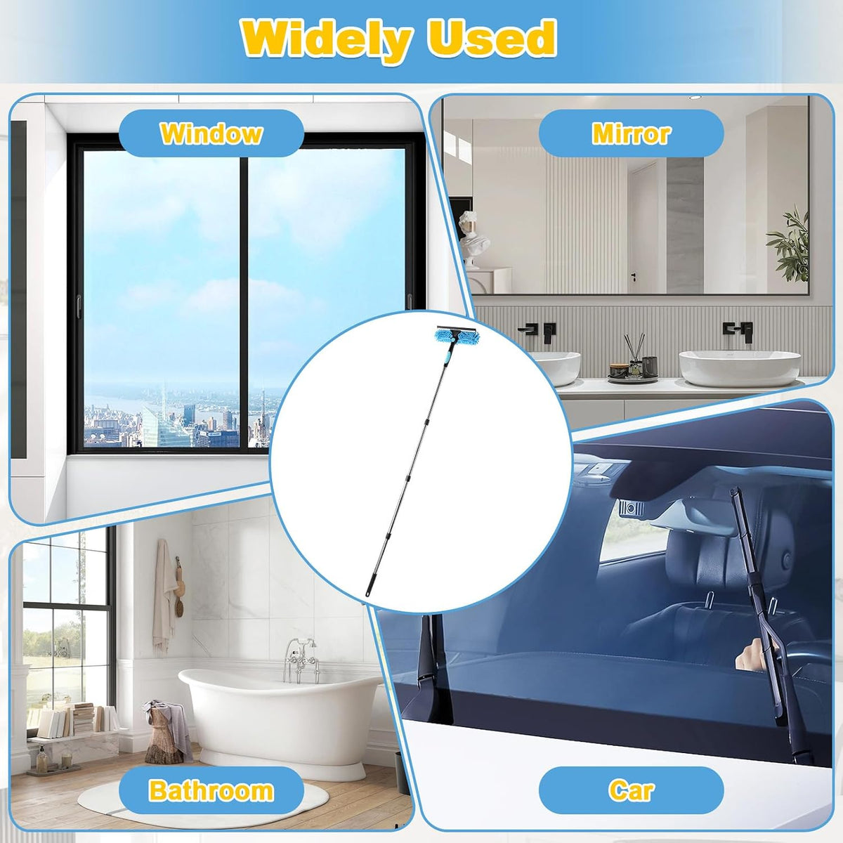 Window Cleaner with Long Handle, 2 in 1 window cleaning kit with Microfiber Cloth 270° Rotatable Telescopic Adjustable up to 64.96in, for Home Shower Car Upstairs Windows