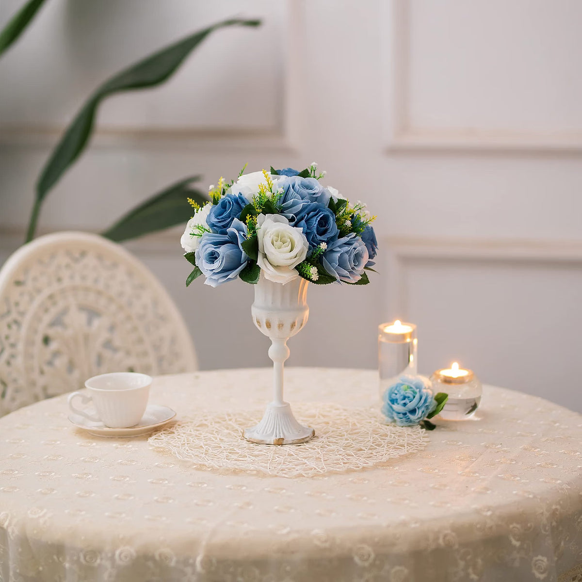 BLOSMON Flower Centerpieces for Tables Wedding 5 Pcs Dusty Blue Fake Flowers Rose Arrangement Bouquet Floral Centerpiece Balls Artificial Wedding Center Pieces of Valentines Day Home Party Decor