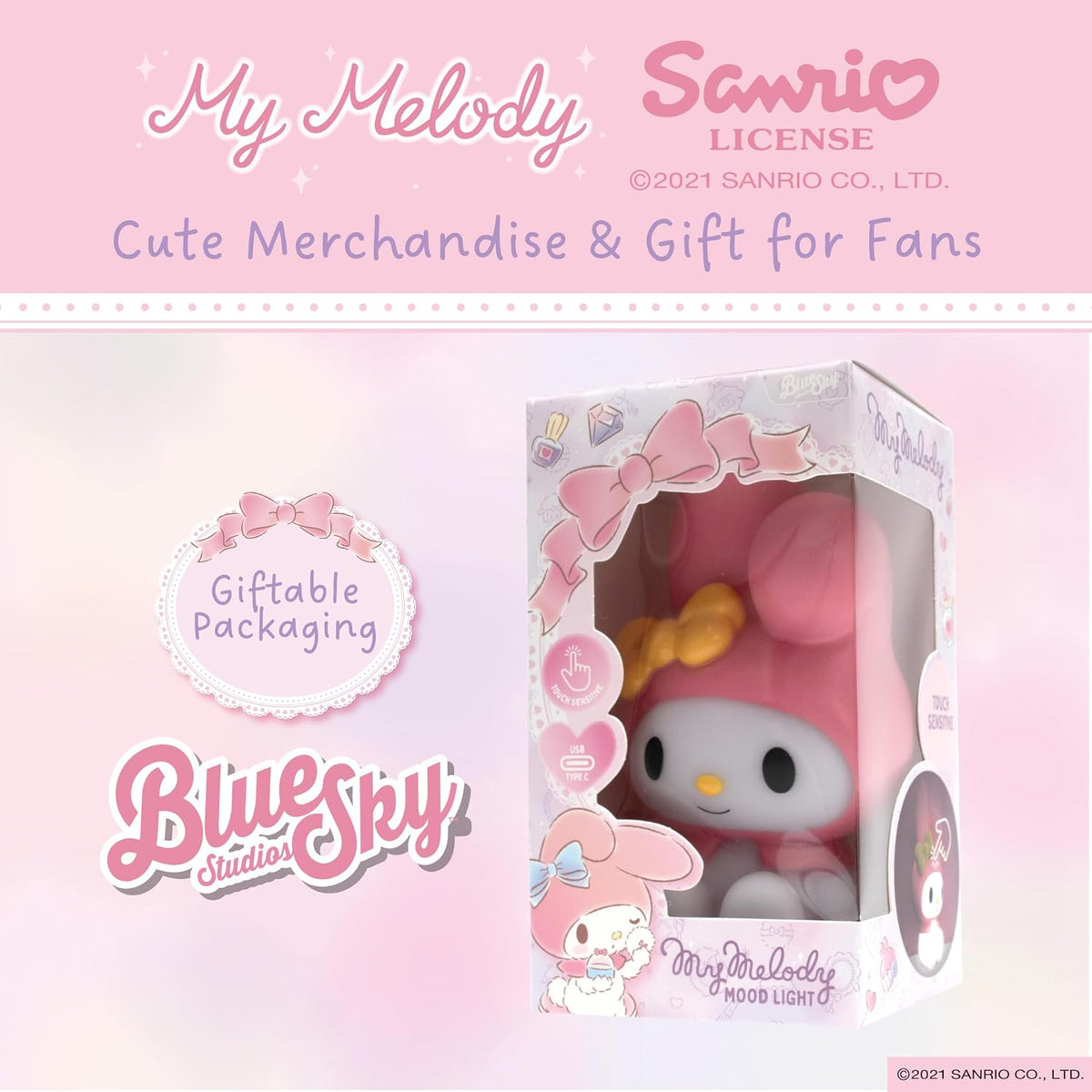 Blue Sky Studios My Melody Night Light - Touch‑Controlled Mood Lamp, Cute Kawaii Desk Decor, Collectible Merch Gift with Fast Charging