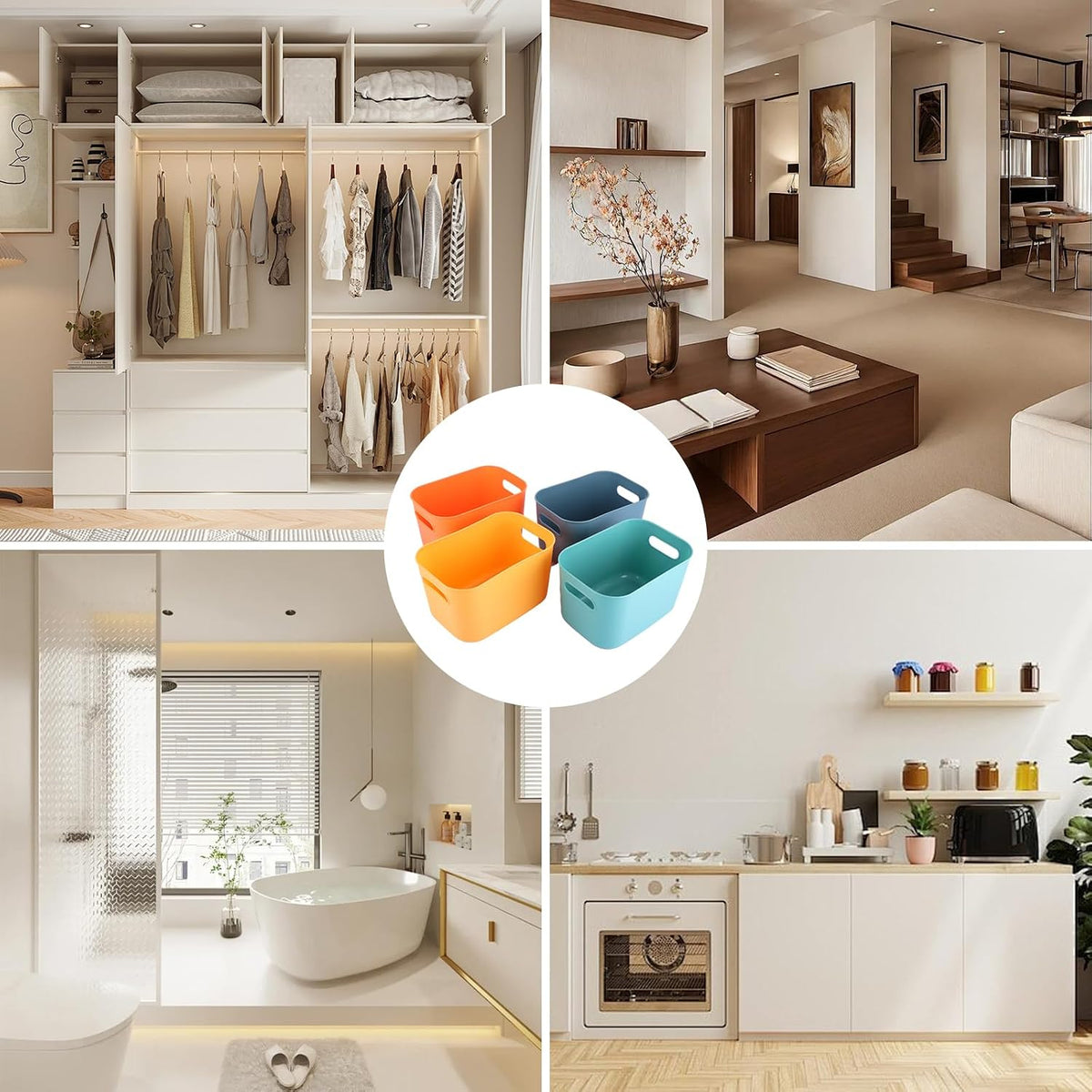 ASelected 4 Pcs Storage Boxes with Lids,Plastic Storage Boxes Kitchen Stackable Storage Baskets for Kitchen, Cupboard, Office, Bathroom, Toy 25.5X18X15.4 cm