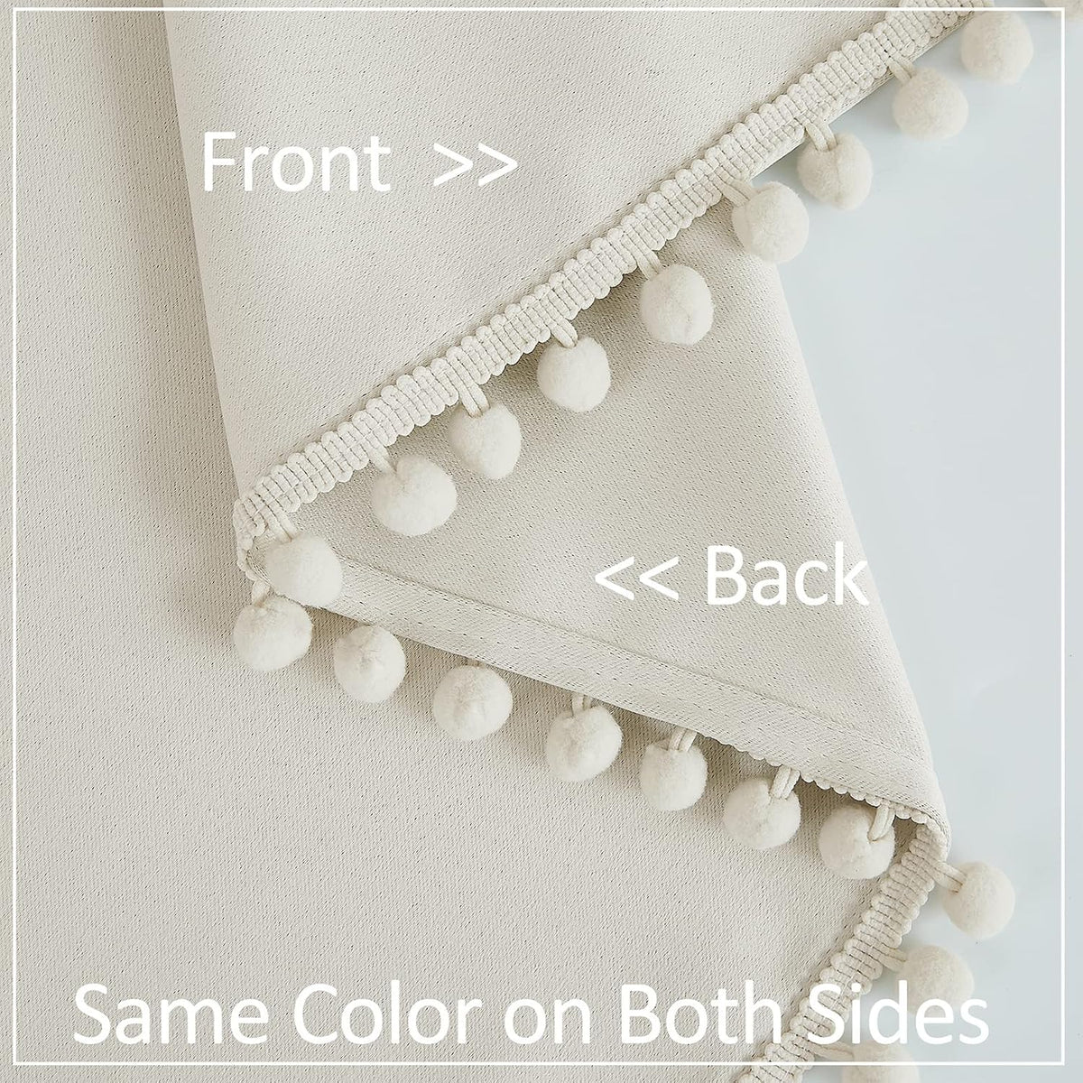 Treatmentex Ivory Pom Pom Blackout Curtains 52 x 54 Inch Drop, 1 Pair