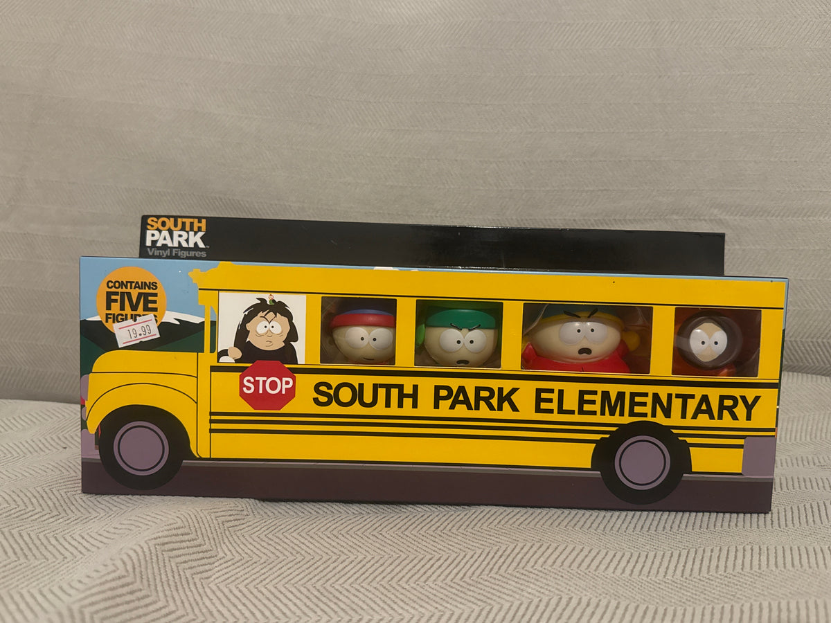 South Park 2.5" Vinyl Figure Collection School Bus Box. Includes Cartman, Stan, Kenny, Kyle and Butters