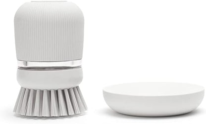Brabantia Refillable Soap Dispensing Washing Up Brush (Light Grey) Secure Grip Palm Brush with Storage Tray