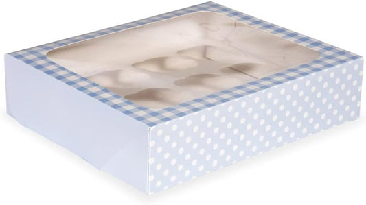 Anniversary House Blue Cupcake Box with Window and Removable 12 Hole Insert, Gingham and Polka Dot Print, 1 Pack, Easy Assembly, Baby Blue, Light Blue, 7.5 x 25 x 31cm, J163