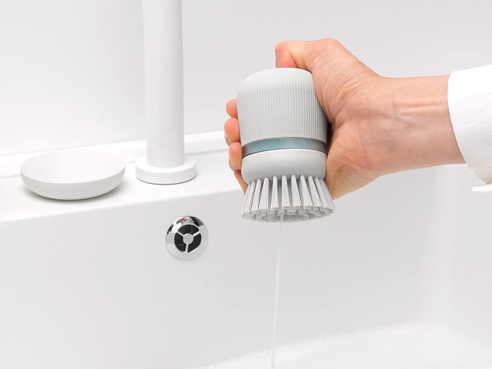 Brabantia Refillable Soap Dispensing Washing Up Brush (Light Grey) Secure Grip Palm Brush with Storage Tray