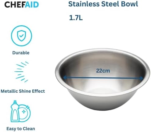 Chef Aid Stainless Steel Mixing Bowl 22 cm Diameter, Perfect Tool for Food Preparation and Serving Freshly Produced Food, 1.7 Litre Capacity, Dishwasher, Fridge and Freezer Safe