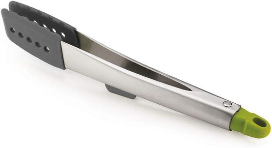 Joseph Joseph 12 inch Elevate Stainless Steel Tongs with silicone, heat resistant tips, space saving lockable handle - Grey / Green