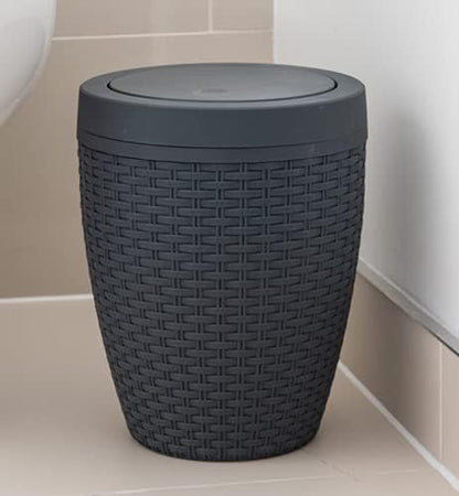 Addis Faux Rattan Round Swing Lid Bathroom Bin, Charcoal, 517488