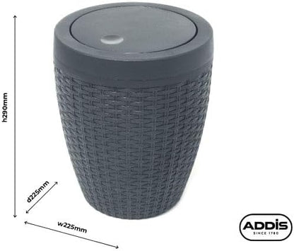 Addis Faux Rattan Round Swing Lid Bathroom Bin, Charcoal, 517488