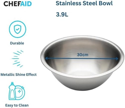 Chef Aid Stainless Steel Mixing Bowl 30 cm Diameter, Perfect Tool for Food Preparation and Serving Freshly Produced Food, 3.9 Litre Capacity, Dishwasher, Fridge and Freezer Safe