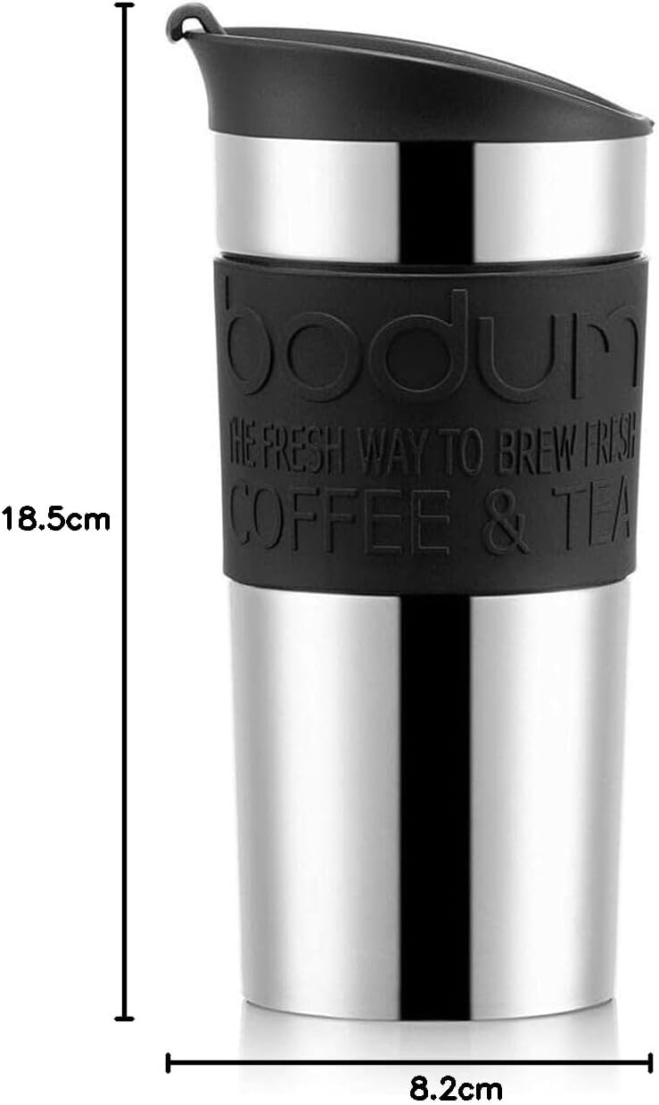 Bodum Travel Mug Vacuum Insulated Travel Cup, 350ml / 12oz Double-Wall Stainless-Steel Coffee Mug with Flip-Top Lid and Non-Slip Silicone Grip, Black, 11068-01