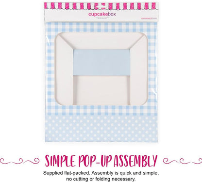 Anniversary House Blue Cupcake Box with Window and Removable 12 Hole Insert, Gingham and Polka Dot Print, 1 Pack, Easy Assembly, Baby Blue, Light Blue, 7.5 x 25 x 31cm, J163