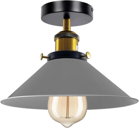 LEDSone Vintage Semi Flush Ceiling Lighting E27 Base Holder Metal Grey Lampshade Light Fitting Ceilings for Bedroom Kitchen Hallway Dining Rooms Living Room with Bulb