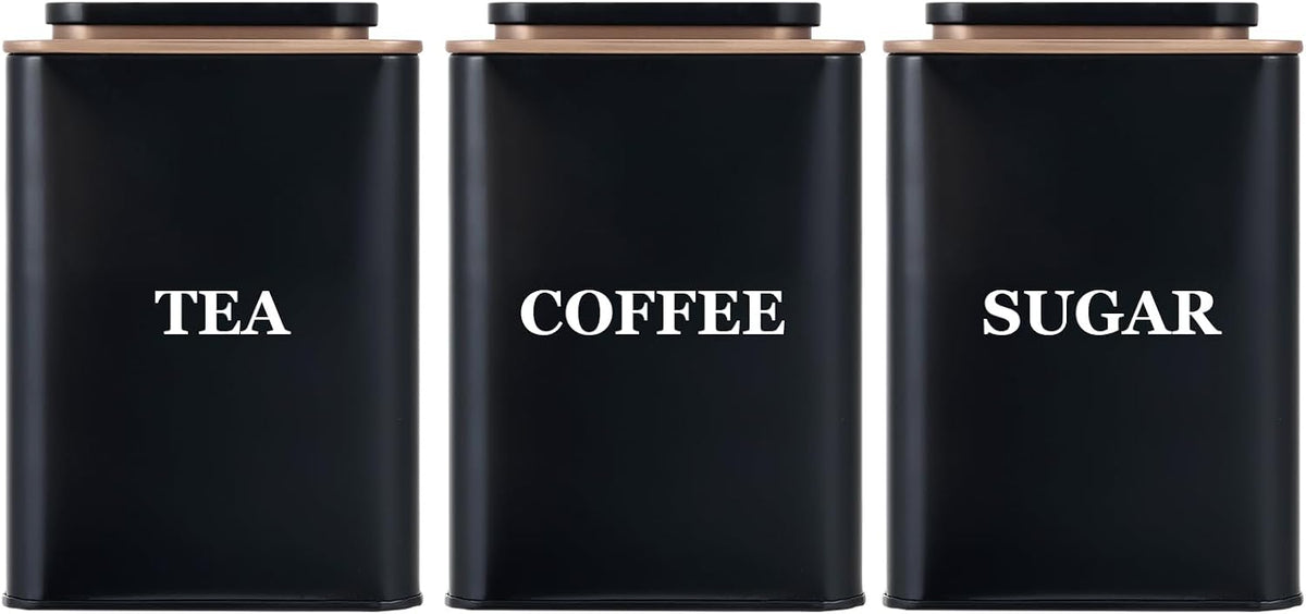 Tea Coffee Sugar Canisters, Set of 3 Tea Coffee and Sugar Canisters for Home, Easy Open & Airtight Lids, Decorative Food Caddy, Kitchen Storage Jars, Decorative Stainless Tins (BLACK SQUARE)