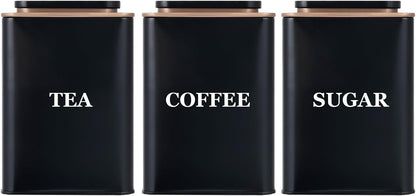 Tea Coffee Sugar Canisters, Set of 3 Tea Coffee and Sugar Canisters for Home, Easy Open & Airtight Lids, Decorative Food Caddy, Kitchen Storage Jars, Decorative Stainless Tins (BLACK SQUARE)