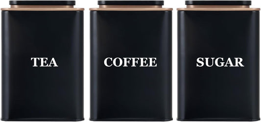 Tea Coffee Sugar Canisters, Set of 3 Tea Coffee and Sugar Canisters for Home, Easy Open & Airtight Lids, Decorative Food Caddy, Kitchen Storage Jars, Decorative Stainless Tins (BLACK SQUARE)
