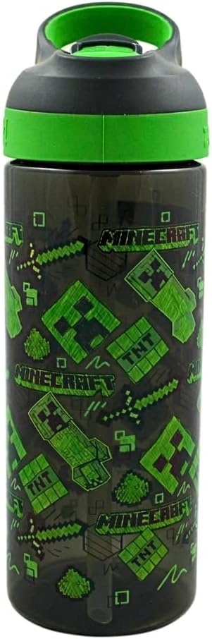HOX Minecraft Creeper 600ml Drinks Bottle Eco Friendly School Water Bottle + Removable straw, Leak Proof BPA-free Plastic Gift for Minecraft fan - Officially licensed Merchandise