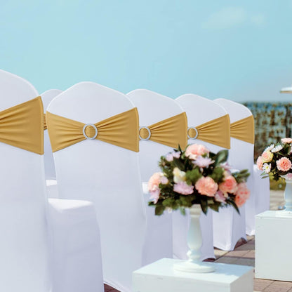 Babenest Spandex Chair Sashes Bows 50PCS Premium Stretch Chair Cover Band with Buckle Slider Universal Elastic Chair Ties for Wedding Party Ceremony Reception Banquet Decoration (Gold)