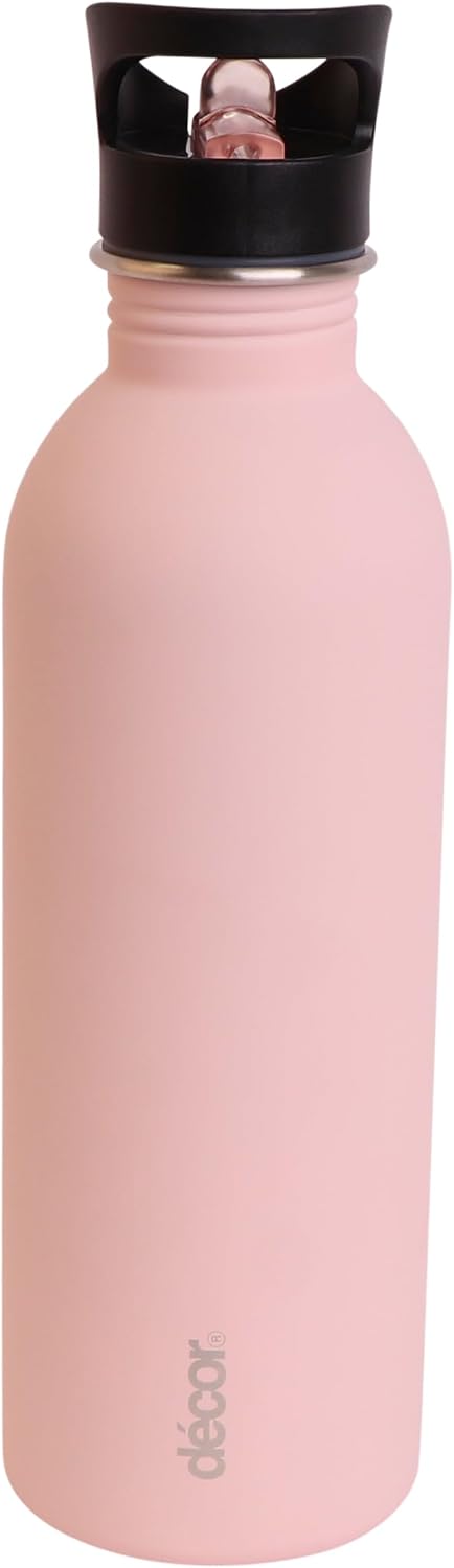 Décor Snap n Seal 1L Stainless Steel Water Bottle with Straw, BPA Free - Leakproof Metal Flask with Carry Handle for School, Travel, Work & Gym - Ideal Drinking Bottle for Kids & Adults - Pink