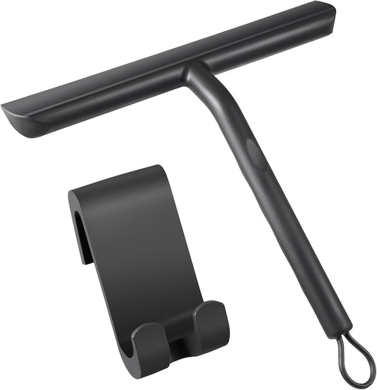 Vinabo Silicone Squeegee Shower Cleaner with Hook, Black Shower Scraper for Bathroom, Kitchen, Car, Window and Glass Cleaning