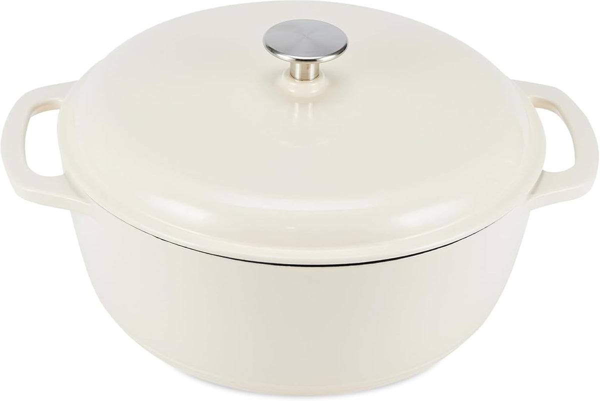 Amazon Basics Enamelled Cast Iron Dutch Oven Casserole with Lid, Heavy-Duty, Round, 4.1 L, White