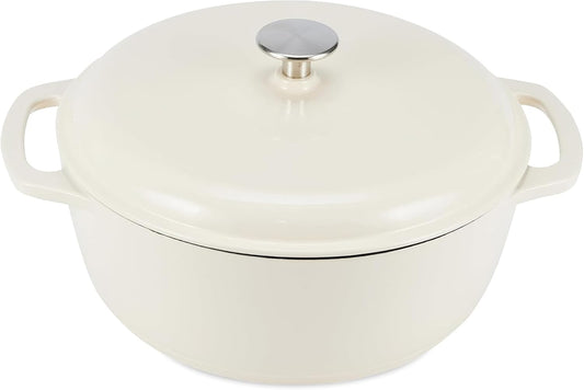 Amazon Basics Enamelled Cast Iron Dutch Oven Casserole with Lid, Heavy-Duty, Round, 4.1 L, White