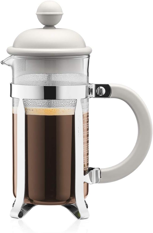 Bodum French Press Caffettiera White - 350ml / 3 Cup Coffee Maker - Durable Glass & Stainless Steel Filter - BPA-Free Dishwasher Safe Percolator - Cafetiere Made in Portugal