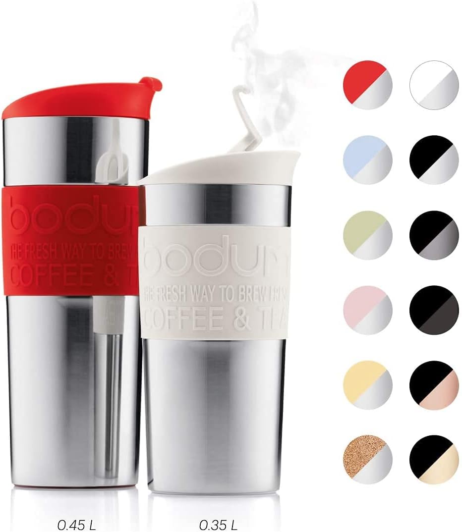 Bodum Travel Mug Vacuum Insulated Travel Cup, 350ml / 12oz Double-Wall Stainless-Steel Coffee Mug with Flip-Top Lid and Non-Slip Silicone Grip, Black, 11068-01
