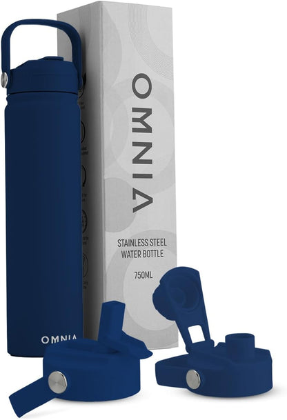 OMNIA Vacuum Insulated Stainless Steel Water Bottle, 2 Lids (Straw & Spout) Leakproof, BPA-Free, Reusable Flask for Sports, Gym, Travel, Outdoors (Slate Blue, 750 ml)