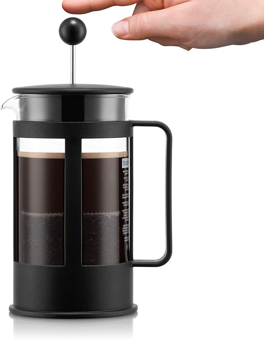 Bodum KENYA French Press Coffee Maker, 500ml / 4 Cup Cafetière with Heat-Resistant Borosilicate Glass, Reusable Stainless-Steel Filter and Protective Plastic Frame, Black, 1784-01