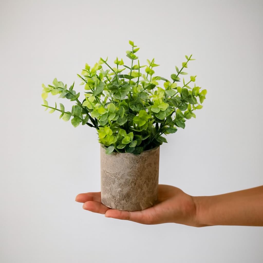 Fake Plants Set of 4 Paper Pulp Pots – Artificial Indoor Home Decor | Realistic Eucalyptus Rosemary & Succulent Faux Plant in Paper Pulp Pots. Maintenance-free Décor for Home Office & Shelves