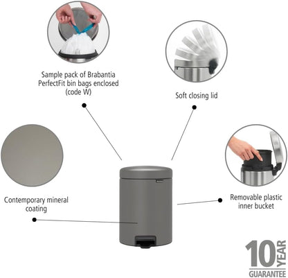 Brabantia 126284 Bathroom Pedal Bin, Mineral Concrete Grey, 5 Litre