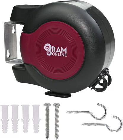 Ram® 30 metre Retractable Reel Clothes Lines Washing Line with Twin Cable - Wall Mounted Heavy Duty Clothes Dryer 2 x 15m Lines of Drying Space, Burgundy