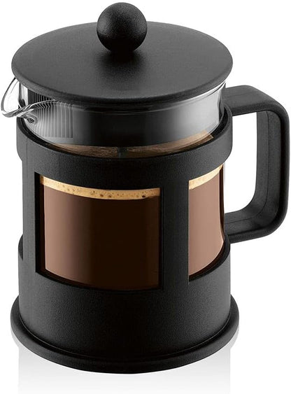 Bodum KENYA French Press Coffee Maker, 500ml / 4 Cup Cafetière with Heat-Resistant Borosilicate Glass, Reusable Stainless-Steel Filter and Protective Plastic Frame, Black, 1784-01