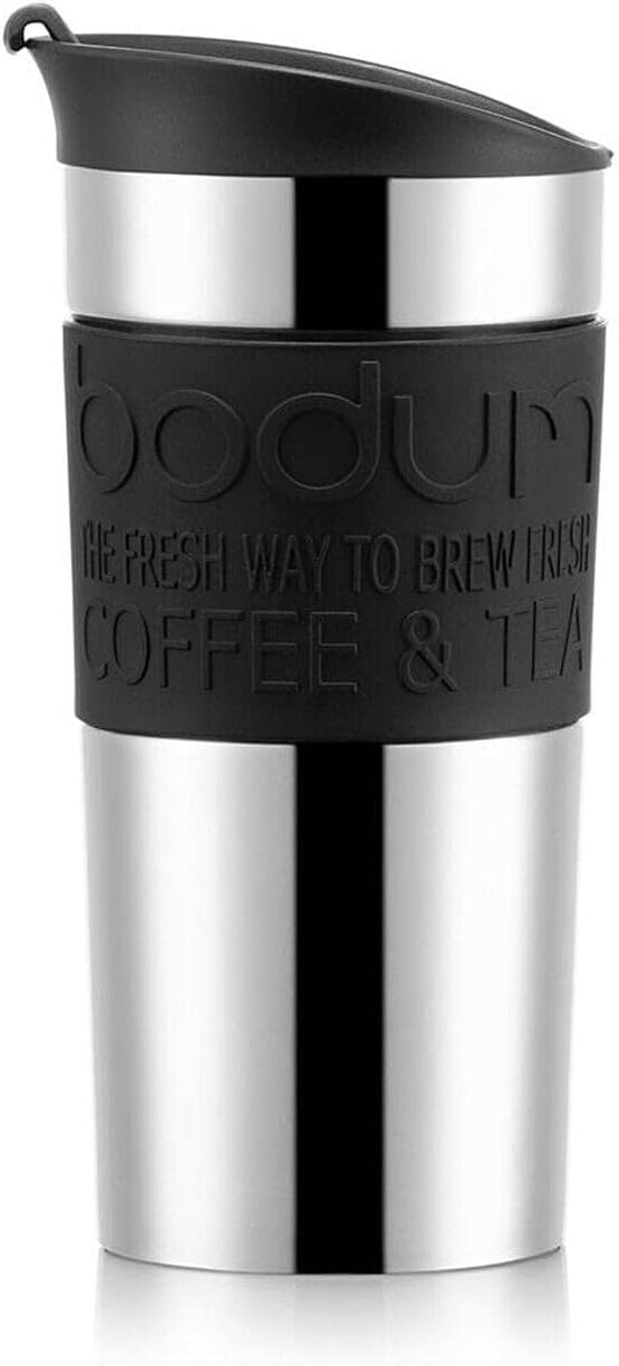 Bodum Travel Mug Vacuum Insulated Travel Cup, 350ml / 12oz Double-Wall Stainless-Steel Coffee Mug with Flip-Top Lid and Non-Slip Silicone Grip, Black, 11068-01