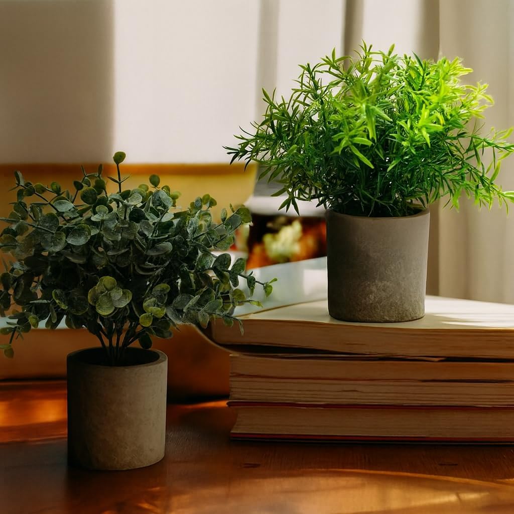 Fake Plants Set of 4 Paper Pulp Pots – Artificial Indoor Home Decor | Realistic Eucalyptus Rosemary & Succulent Faux Plant in Paper Pulp Pots. Maintenance-free Décor for Home Office & Shelves