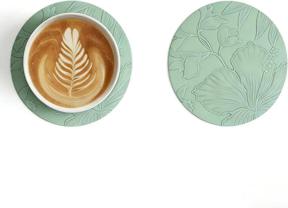 6 Pack with 6 Coasters Set - Artificial Leather Heat Resistant Waterproof Table Mats for Kitchen Dining Table Restaurant Hotel Use, 43x30cm with 10cm Round Coasters, Floral Design（Green ）