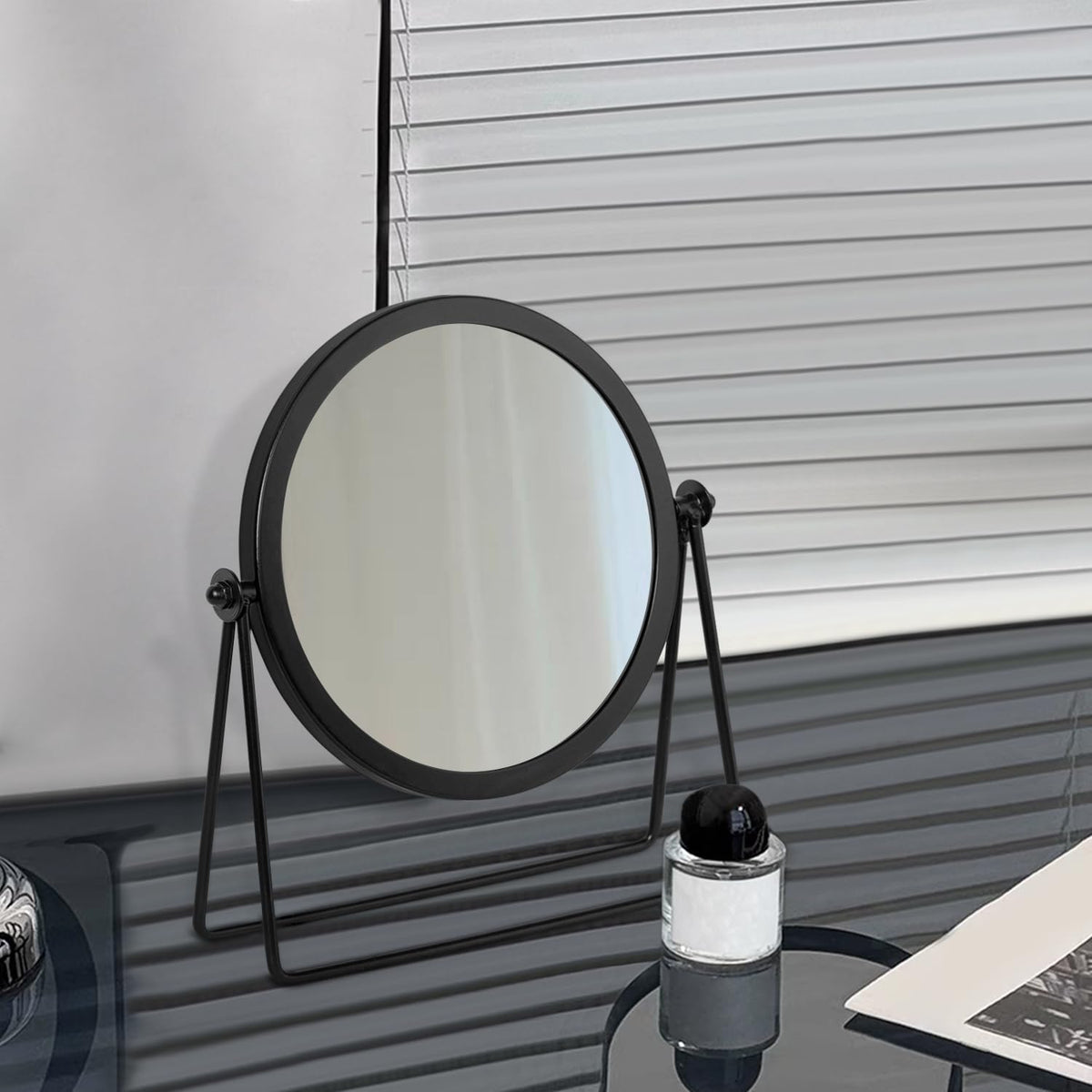 JJUUYOU Desk Mirror with Metal Framed Round Tabletop Mirror 360°Rotation Small Makeup with Stand Mirrors for for Office Dorm Room Cosmetic Black