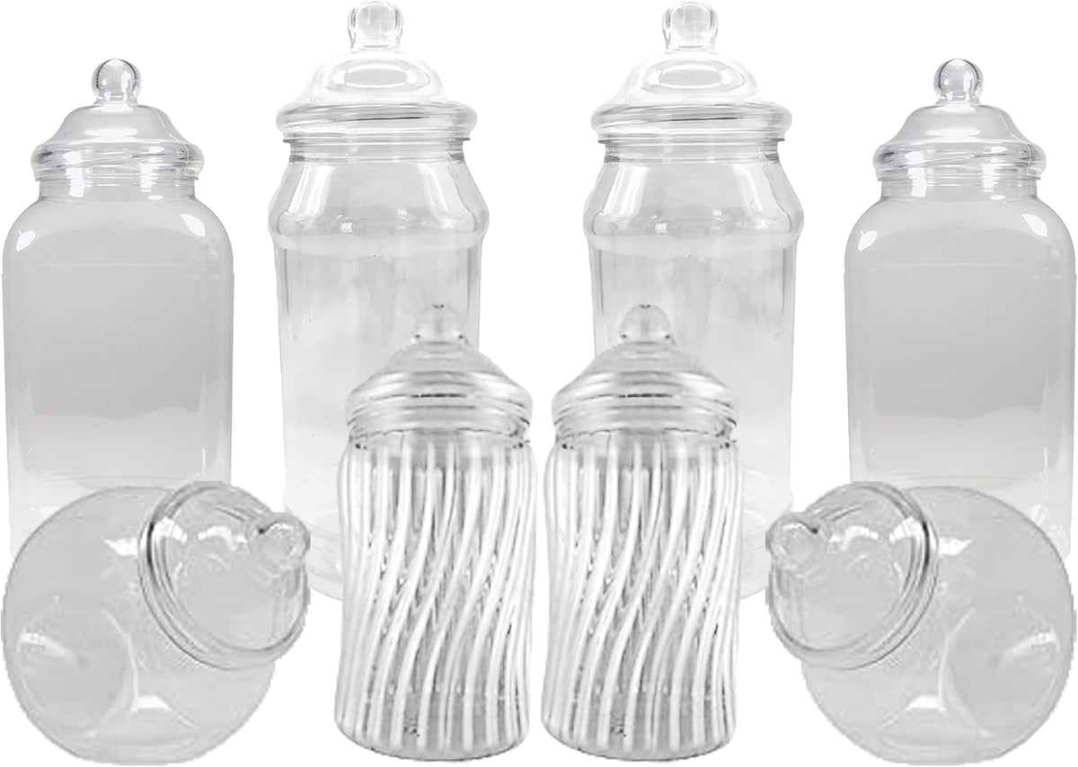 8 Assorted Empty Retro Plastic Sweet Jars for Candy Buffet - Just add sweets (White Lid)