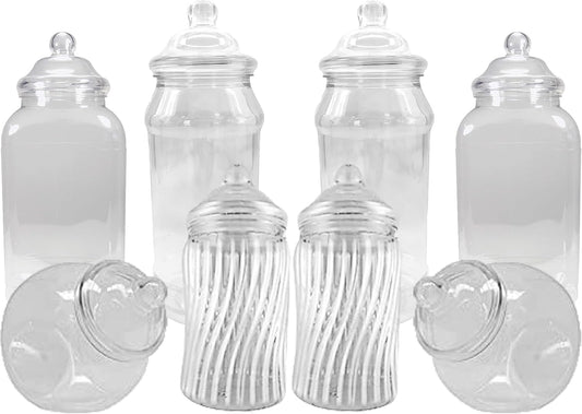 8 Assorted Empty Retro Plastic Sweet Jars for Candy Buffet - Just add sweets (White Lid)