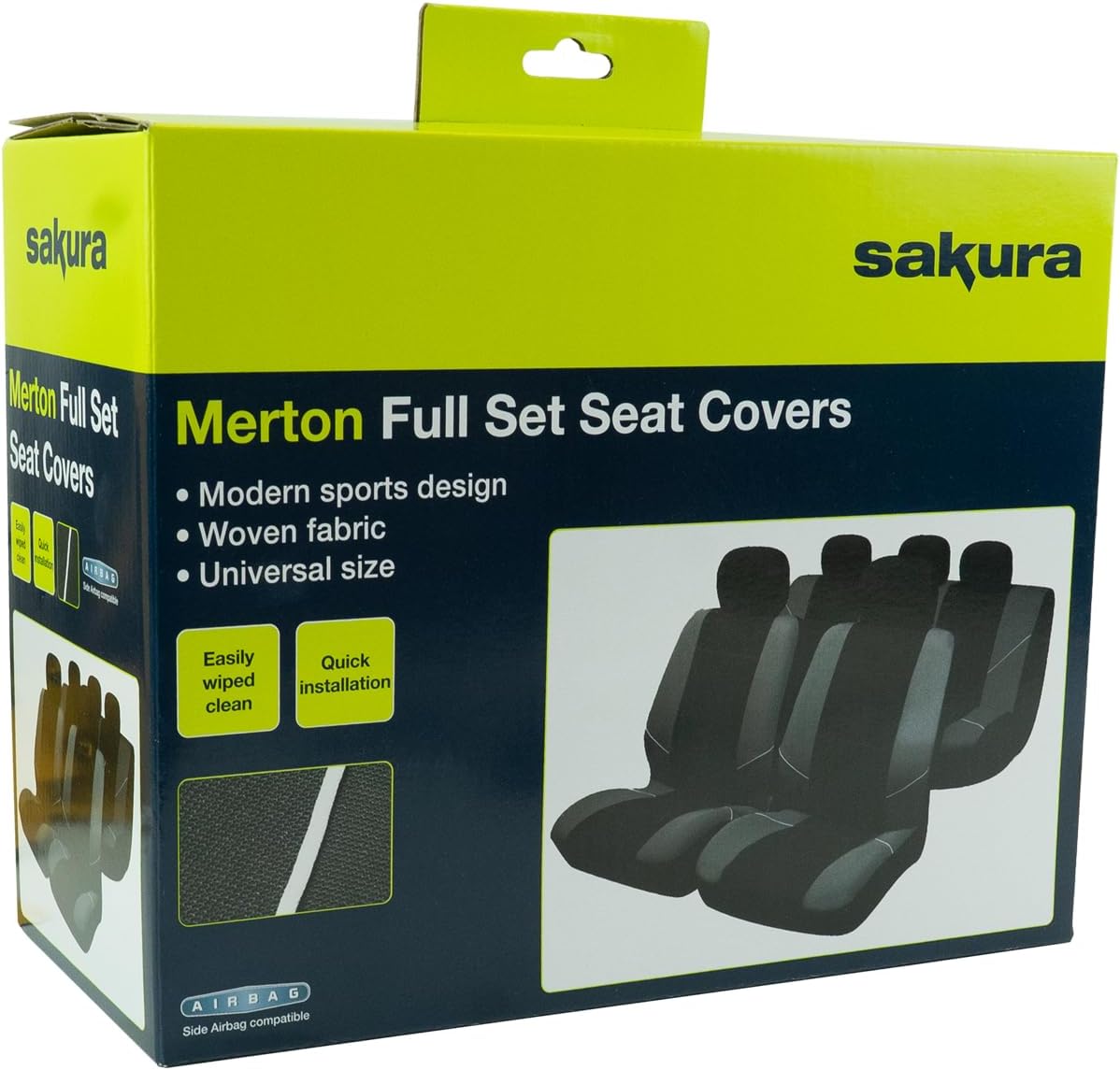 Sakura 'Merton' Black/Grey Seat And Headrest Covers BY0802 - Full Set Universal Fit Elasticated Hems Side Airbag Compatible Machine Washable