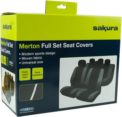 Sakura 'Merton' Black/Grey Seat And Headrest Covers BY0802 - Full Set Universal Fit Elasticated Hems Side Airbag Compatible Machine Washable