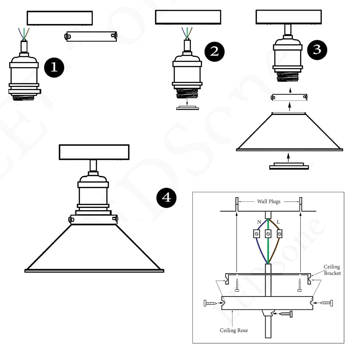 LEDSone Vintage Semi Flush Ceiling Lighting E27 Base Holder Metal Grey Lampshade Light Fitting Ceilings for Bedroom Kitchen Hallway Dining Rooms Living Room with Bulb