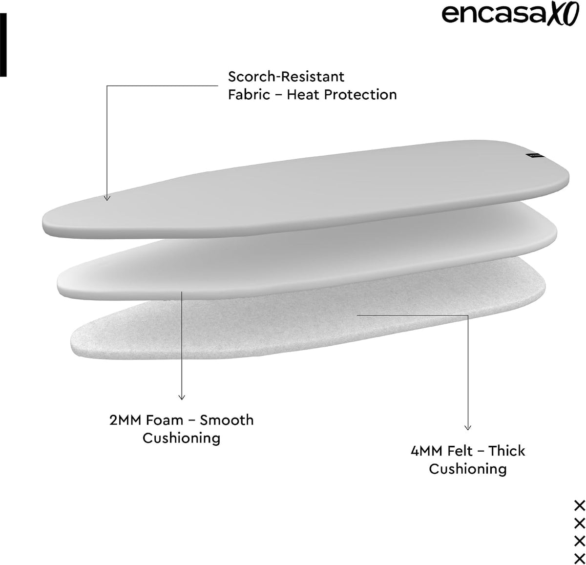 Encasa XO Metallised Ironing Board Cover & Pad 49"x15" Silver Luxury | 4 Layer Build with Foam & Felt Padding | Heat Reflective Siliconised Silver | Bungee Elastic & 3 Fasteners | Scorch Resistant