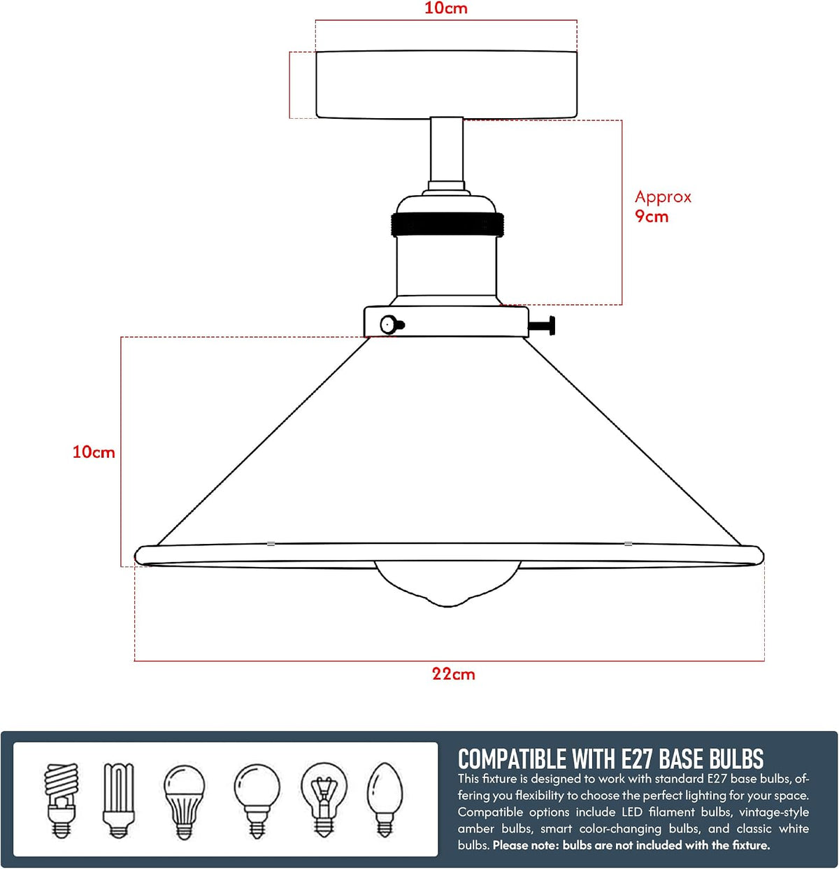 LEDSone Vintage Semi Flush Ceiling Lighting E27 Base Holder Metal Grey Lampshade Light Fitting Ceilings for Bedroom Kitchen Hallway Dining Rooms Living Room with Bulb